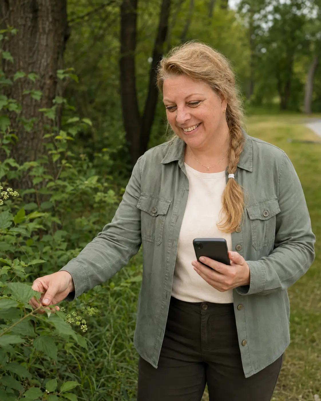 Puska Judit növényállományt vizsgál és mobiltelefonon dokumentál egy városi zöldfelületen